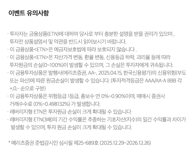 
            유의사항

            · 투자자는 금융상품(ETN)에 대하여 당사로 부터 충분한 설명을 받을 권리가 있으며, 투자전 상품설명서 및 약관을 
            반드시 읽어보시기 바랍니다.
            · 이 금융상품<ETN>은 예금자보호법에 따라 보호되지 않습니다.
            · 이 금융상품<ETN>은 자산가격 변동, 환율 변동, 신용등급 하락, 괴리율 등에 따라 투자원금의 손실(0~100%)이 발생할 수 있으며,
              그 손실은 투자자에게 귀속됩니다.
            · 이 금융투자상품은 발행사(메리츠증권, AA-, 2025.04.15, 한국신용평가)의 신용위험(부도 또는 파산)에 따른 원금손실이 발생할 수 있습니다.
            (투자적격등급은 AAA/AA-A-BBB 각 +,0,- 순으로 구분)
            · 이 금융투자상품은 위험등급 1등급, 총보수 연 0%~0.90%이며, 매매시 증권사 거래수수료(0%~0.498132%)가 발생합니다.
            · 레버리지형 ETN은 투자원금 손실이 크게 확대될 수 있습니다.
            · 레버리지형 ETN(3배)의 기간 수익률은 추종하는 기초자산(지수)의 일간 수익률과 차이가 발생할 수 있으며, 투자 원금
            손실이 크게 확대될수 있습니다.
            * 메리츠증권 준법감시인 심사필 제 25-689호 (2025.12.29~2026.12.26)
            