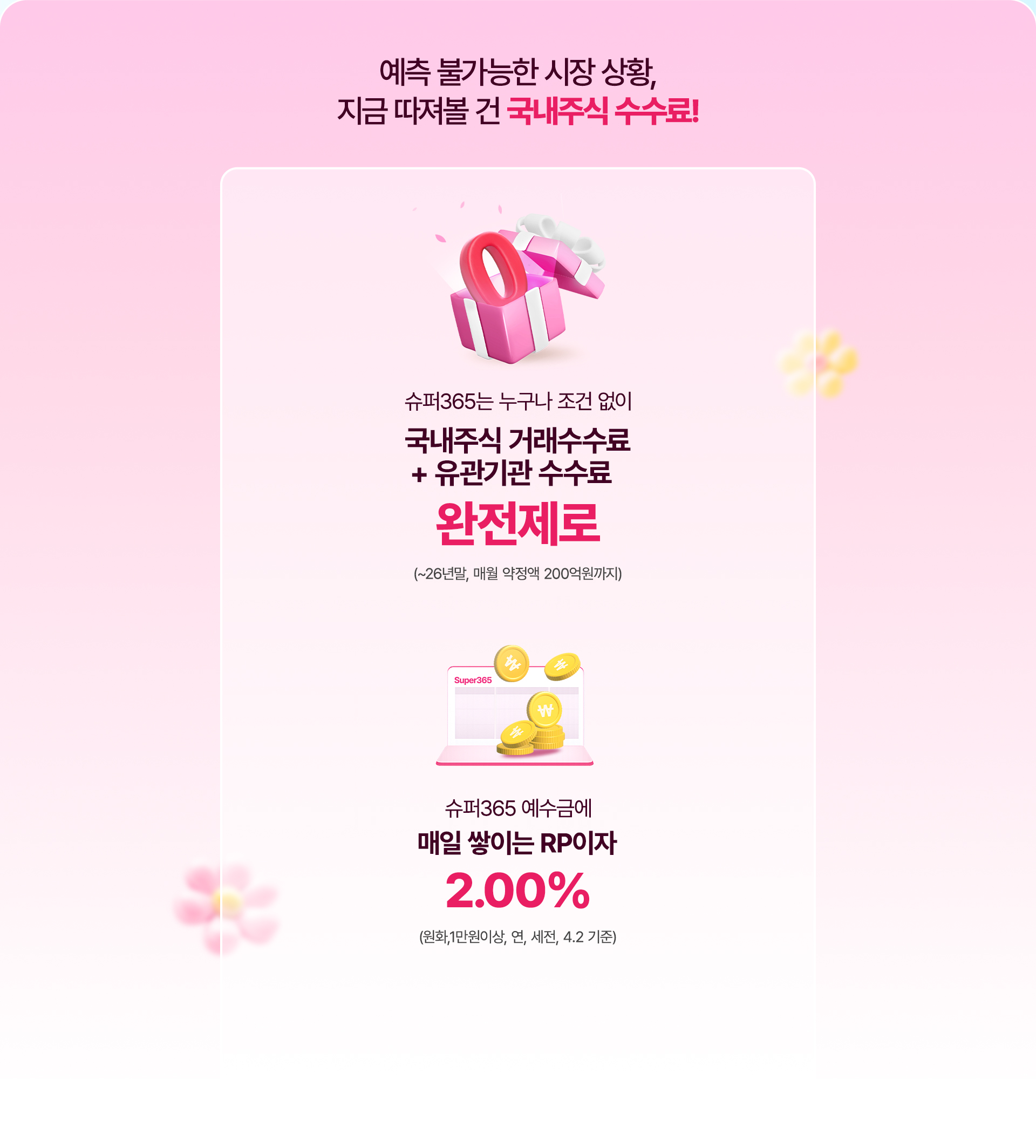 2024년 슈퍼365 주식거래 수수료 완전제로 선언 후
            예측 불가능한 시장 상황,
            지금 따져볼 건 국내주식 수수료!
            슈퍼 365는 누구나 조건 없이
            국내주식 거래수수료 + 유관기관 수수료 완전제로 
            (~26년말, 매월 약정액 200억원까지)
            슈퍼365 예수금에 
            매일 쌓이는 RP이자 
            2.00%
            (원화,1만원이상,연,세전, 4.2 기준)
            