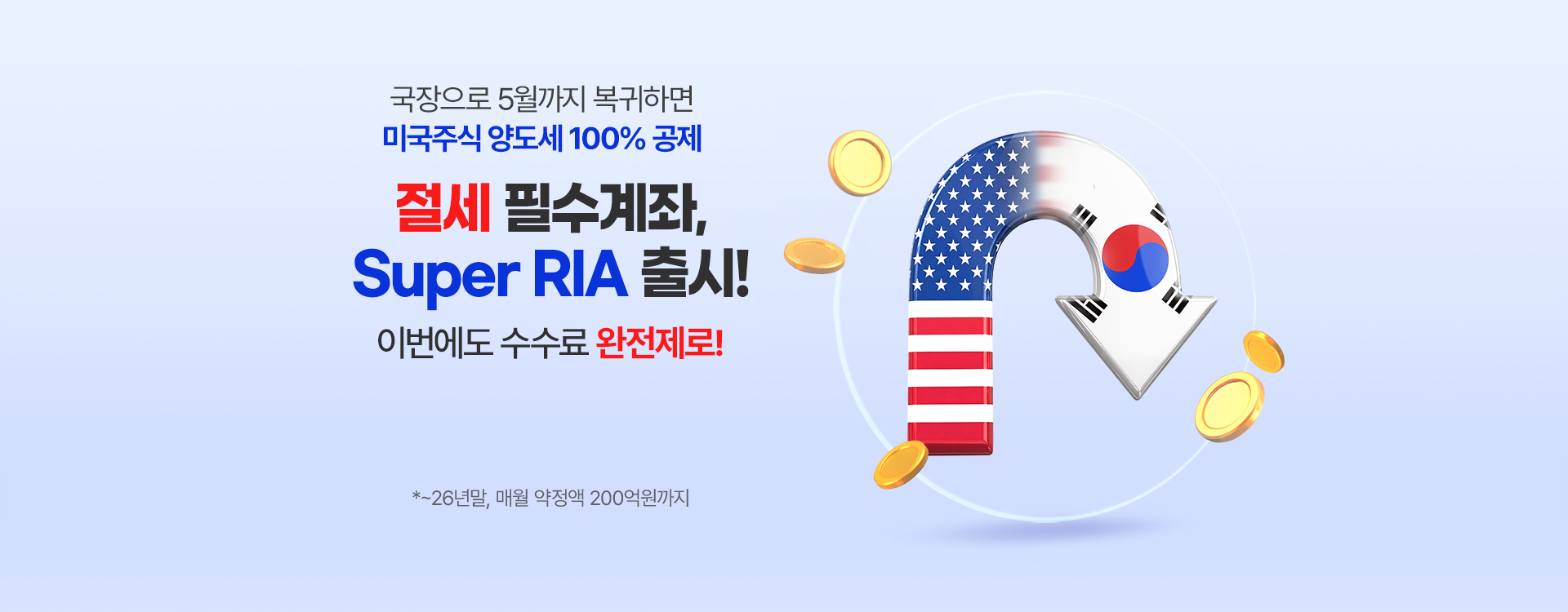 
            국장으로 5월까지 복귀하면 
            미국주식 양도세 100% 공제
            이번에도 수수료 완전제로!
            Super RIA 출시!
            * ~26년말, 매월 약정액 200억원까지
            
